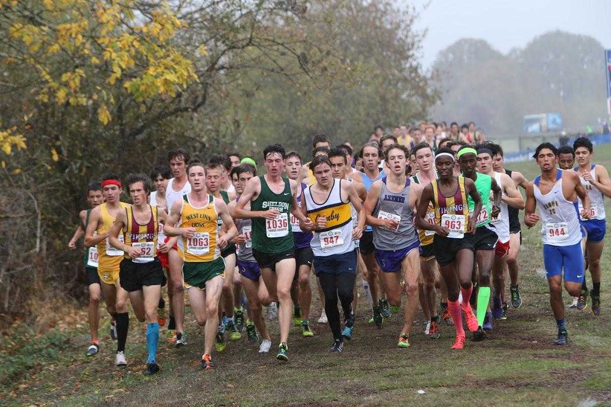 Runners jockey for position on the state meet course at Lane Community College. (Kim Spir/DyeStat)