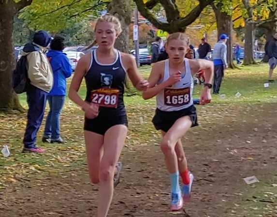 Summit's Fiona Max (left) beat Lincoln's Kate Peters (right) by eight seconds Saturday. (Photo by Doug Binder)