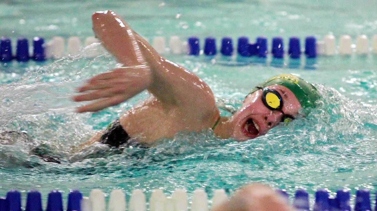 West Linn's Helena Jones swims the anchor leg of the winning 400 freestyle relay Thursday. (Miles Vance/West Linn Tidings)