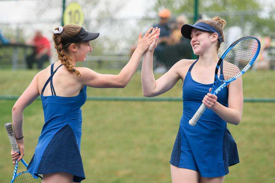 Sarah Forester, left, and Olivia McGough have been quite the successful doubles pair for Corvallis. Photo by Julia Rask