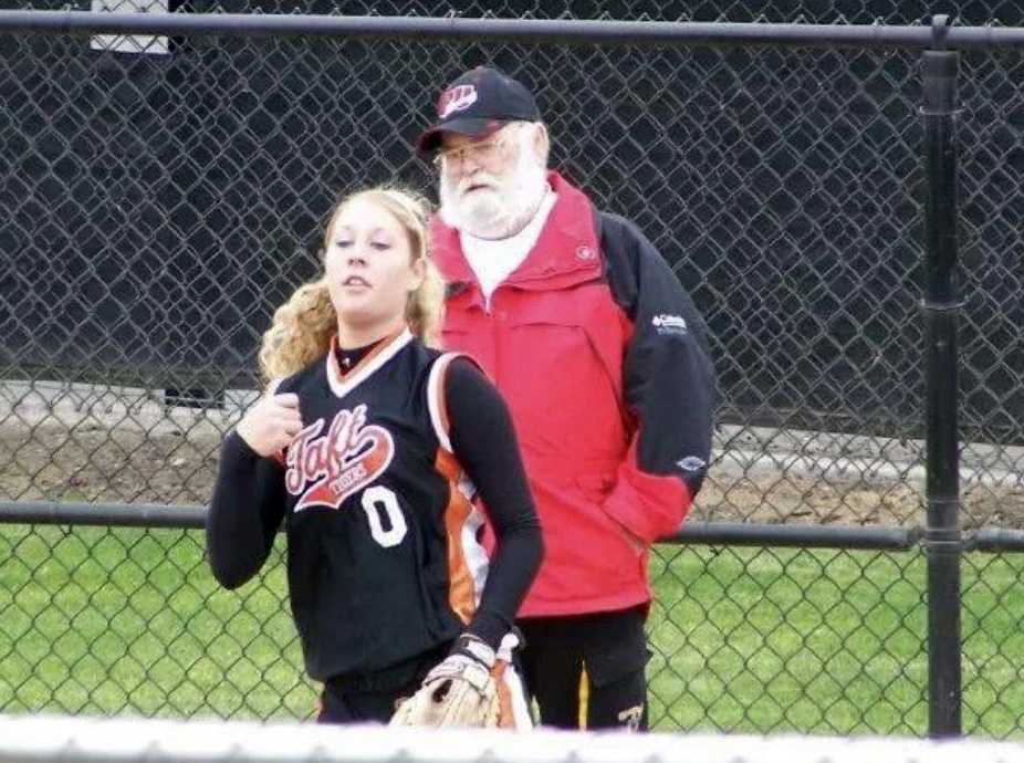 Ashley Birdsong warms up under the watchful gaze of her grandpa