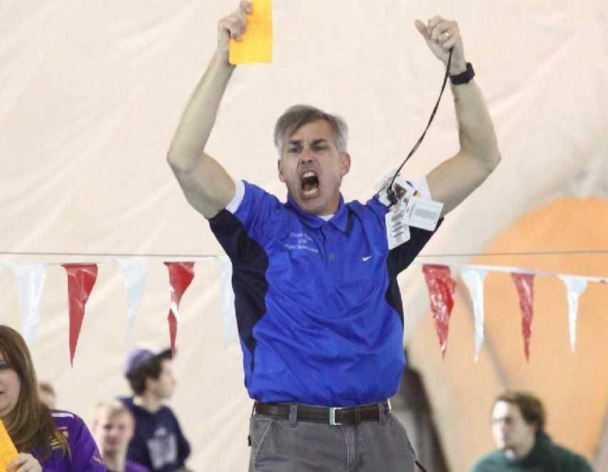 La Grande coach Darren Dutto celebrates during his boys team's 2016 state title performance. (Photo by Corrine Dutto)