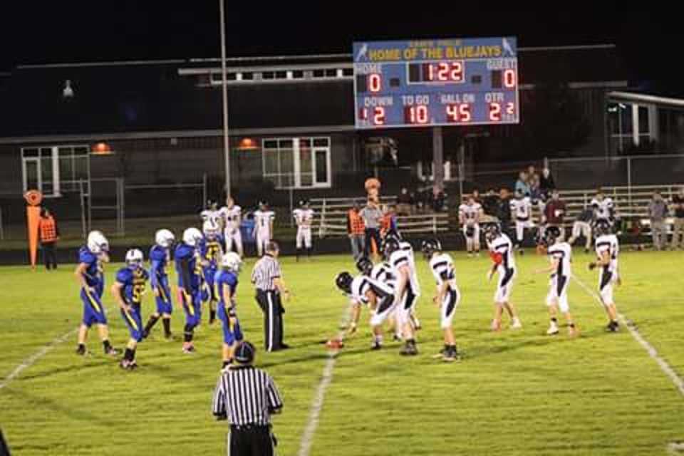 Jewell (left) lines up against Perrydale in a Class 1A eight-man game in 2016.