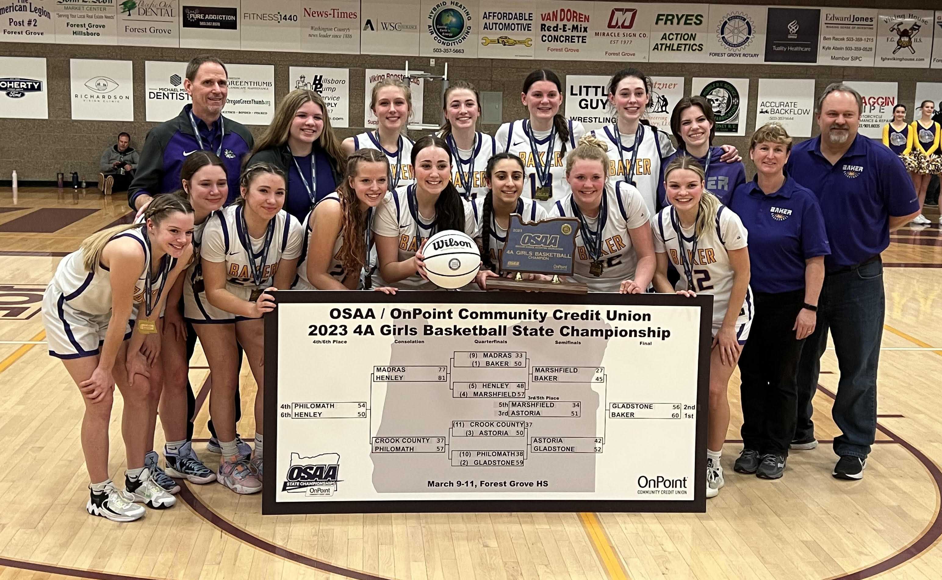 The top-seeded Baker Bulldogs defeated Gladstone 60-56 in Saturday's championship final in Forest Grove (Jim Beseda)