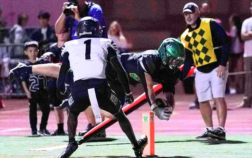 West Linn's Ryan Vandenbrink dives for a touchdown in front of Tualatin's Kenen Elder on Thursday night. (Photo by Jon Olson)