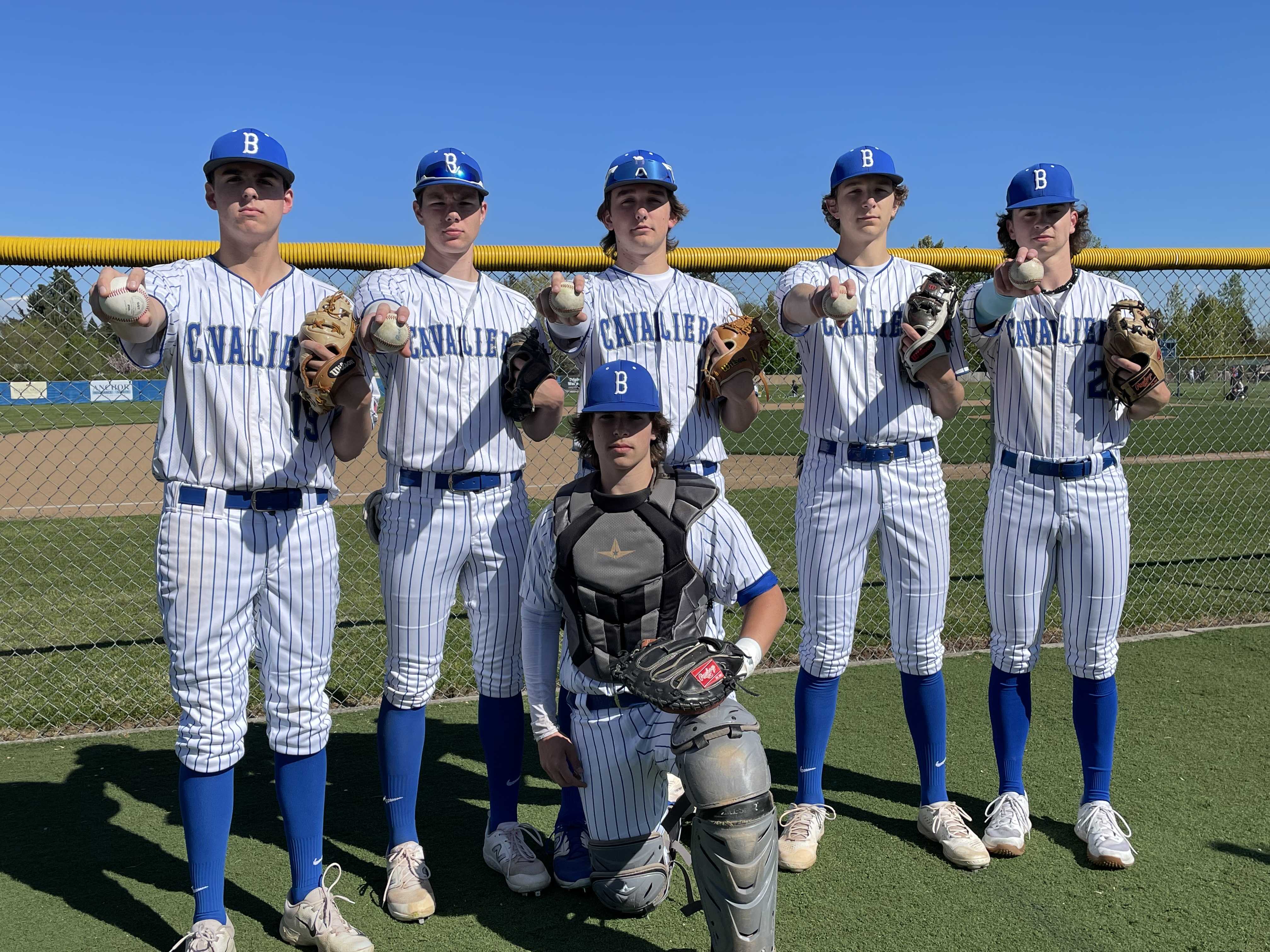 Blanchet Catholic C Dylan Cuff and, from left, RHPs Josh Maser, Riley Pratt, Carson McNally, Landon Gerig and Drew Bartels