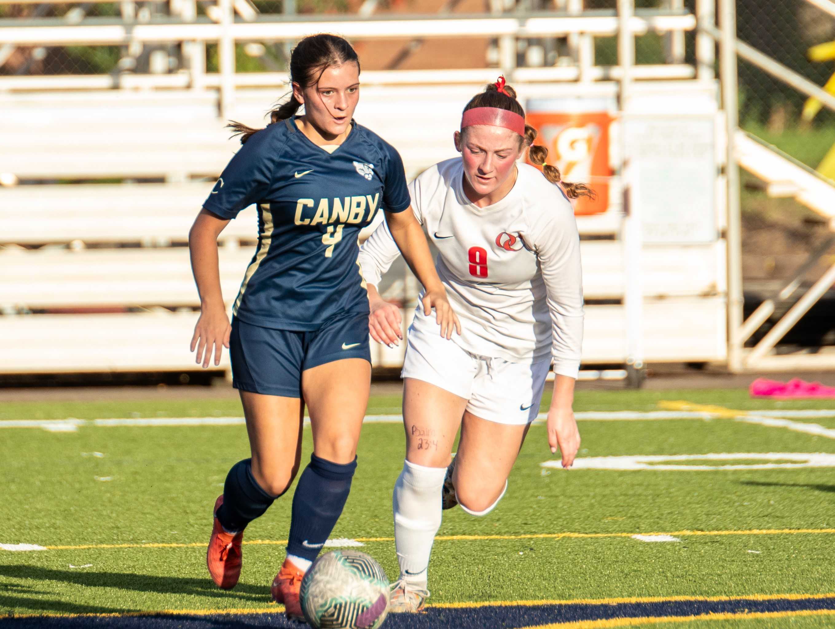 Canby senior Kendel Johnson (4), working against Oregon City, has scored 12 of her team's 25 goals. (Photo by Sydney Thompson)