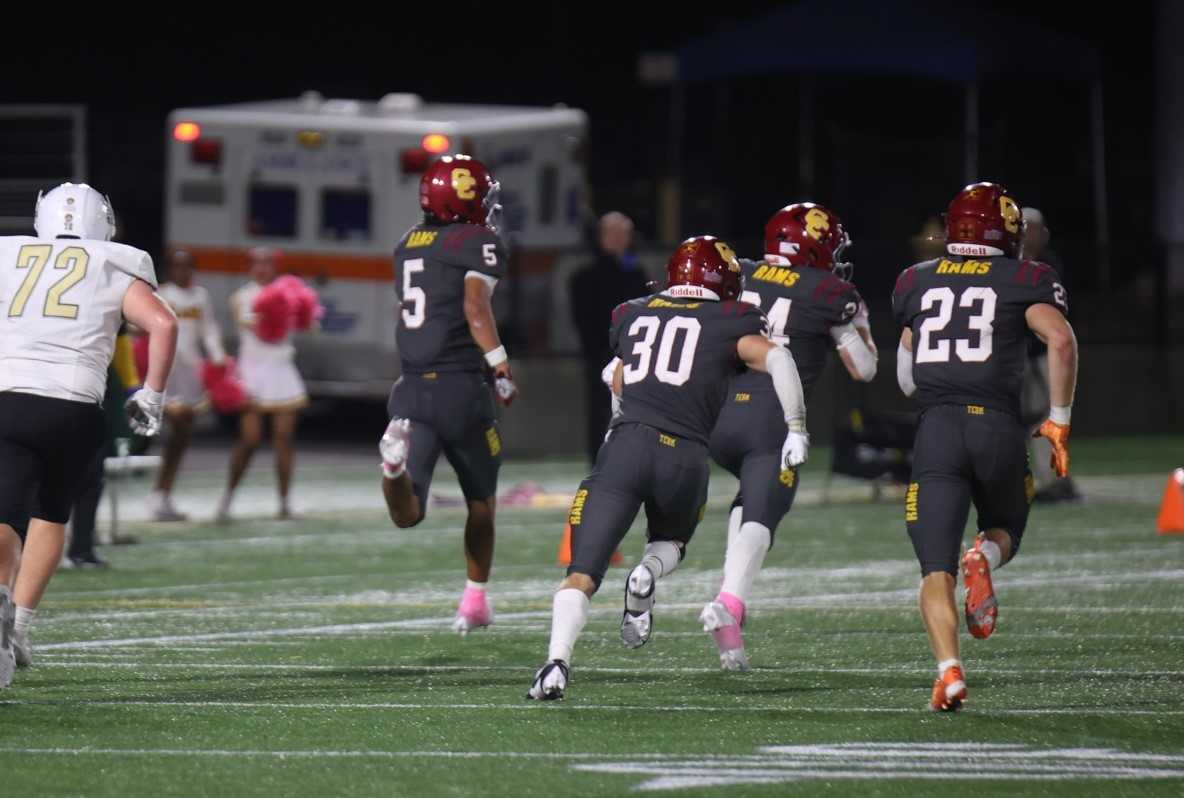 Central Catholic's Landon Kelsey (5) returned two interceptions for touchdowns in Friday's win over Nelson. (Photo by Jim Nagae)