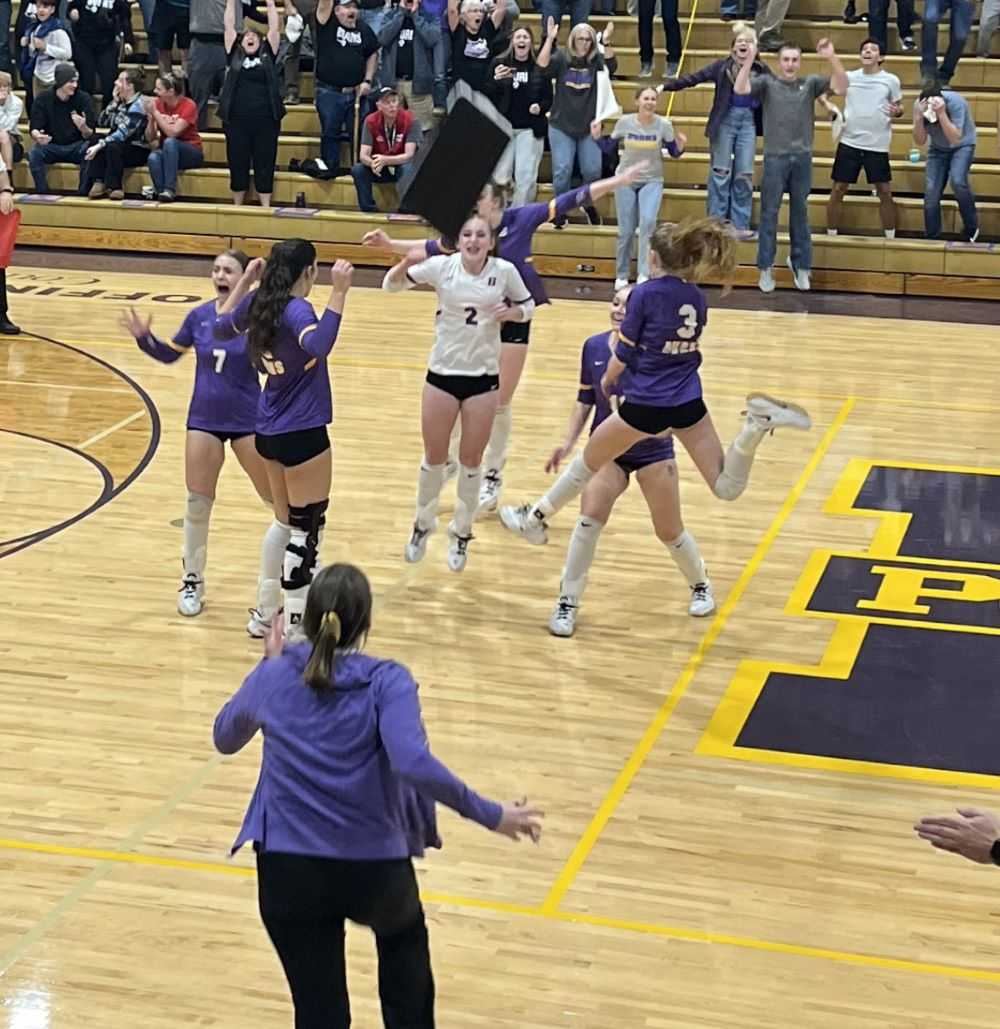 Taylor Trent (3) celebrates an improbable Burns reverse sweep of Pleasant Hill while co-coach Courtney Toney's clipboard flies