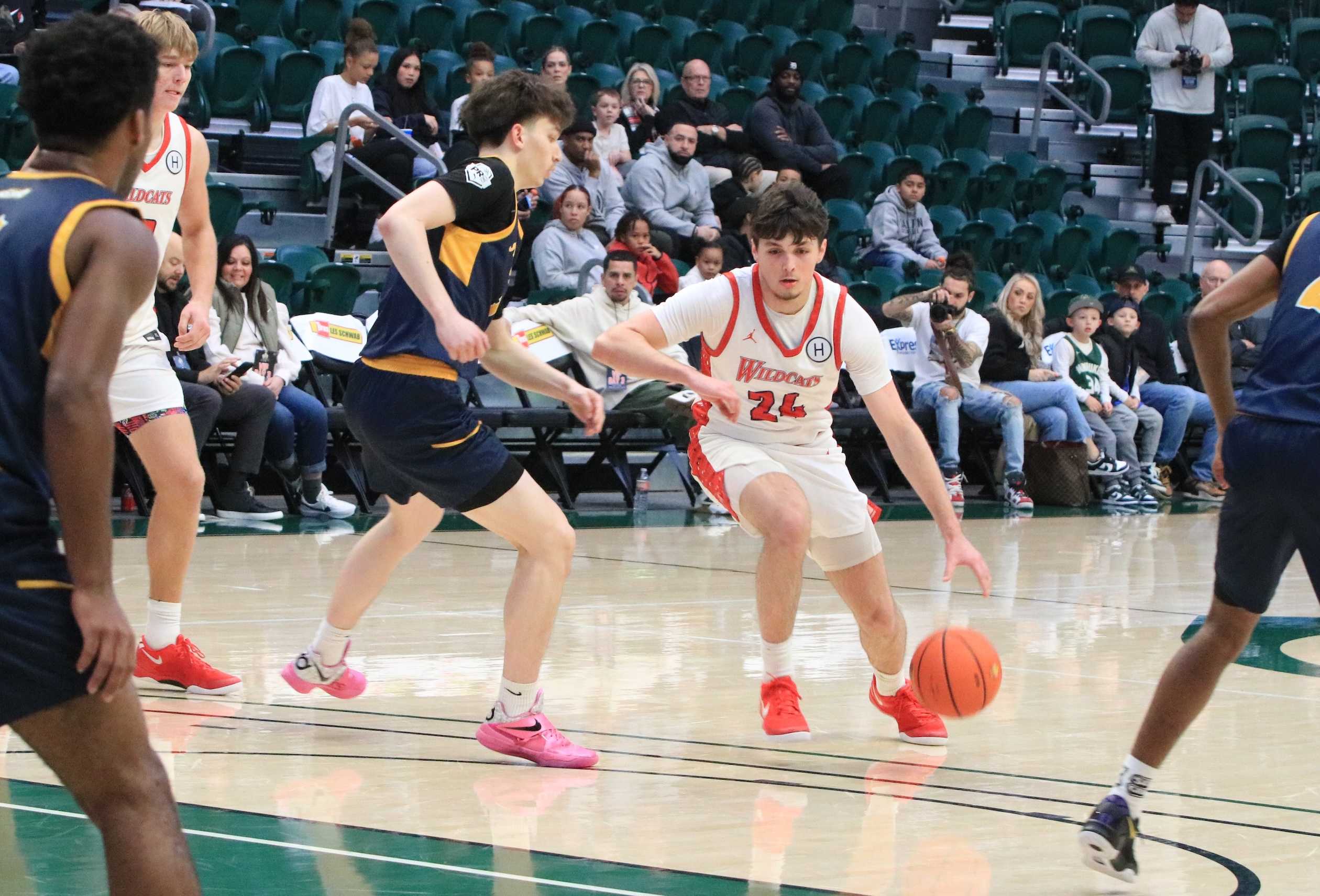 Westview's James Kefgen (24) drives on Wright's Noah Schow during the first half of Saturday's LSI quarterfinal at PSU.