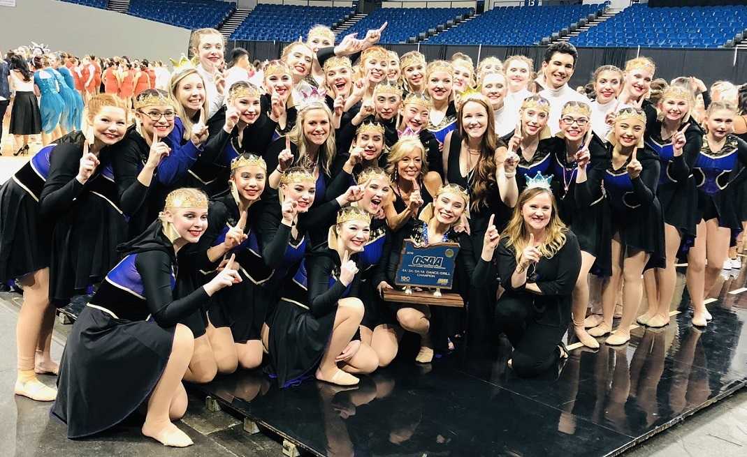 Stayton poses with its 4A/3A/2A/1A trophy Saturday night at Veterans Memorial Coliseum.