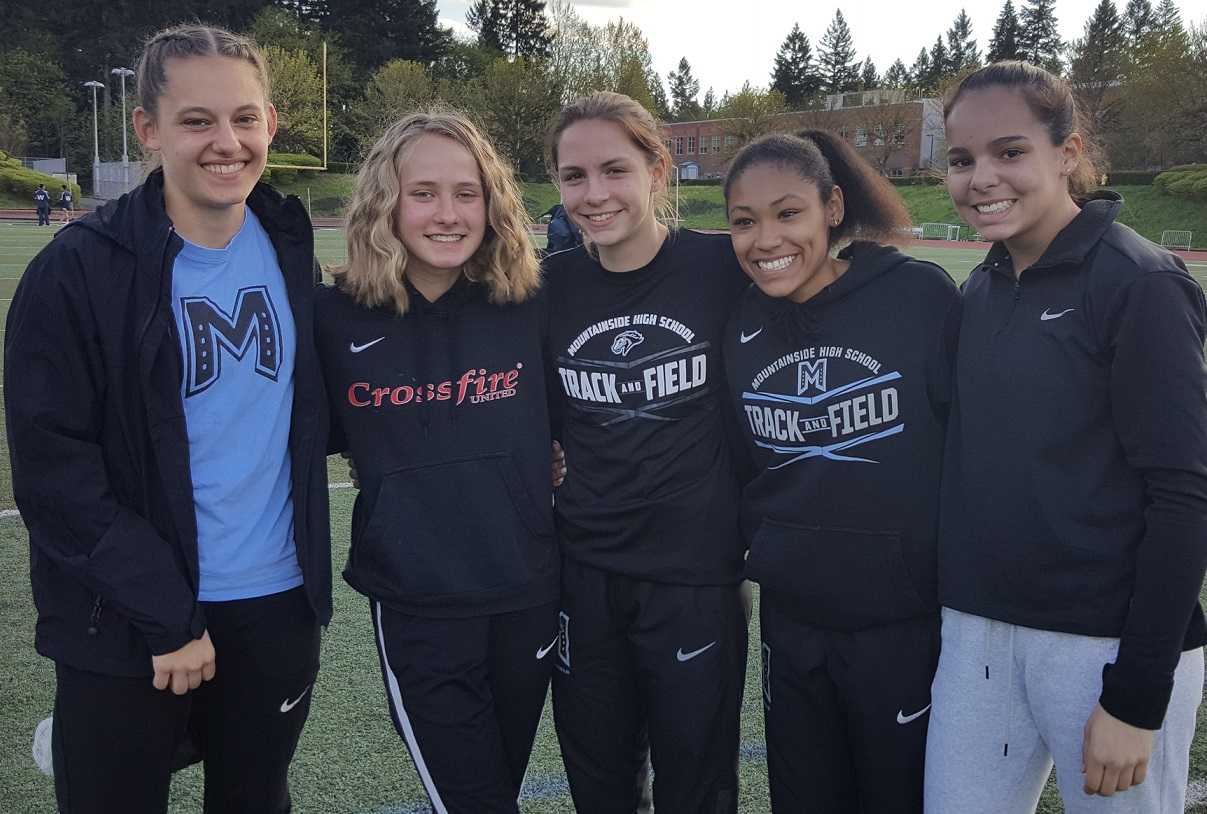 Mountainside is rising behind (from left) Grace Saxton, Isabelle Carrington, Anna Miller, Cierra Thompson and Shalee Gonzalez.