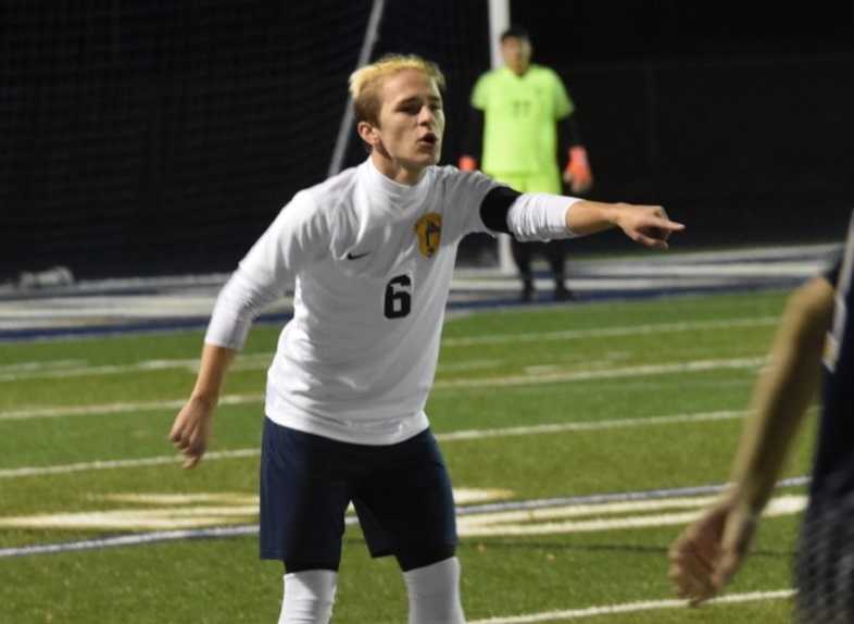 Stayton senior defender Nolan Cramer directs his teammates Tuesday night. (Photo by Jeremy McDonald)