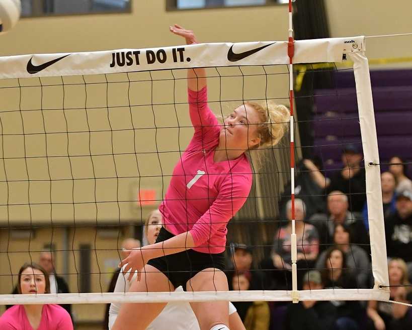 Powder Valley's Brooke Allen attacks at last year's 1A volleyball tournament. (Photo by Andre Panse)