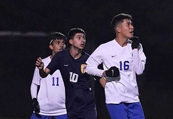 Stayton's Jayden Esparza (10), flanked by Woodburn defenders, had 20 goals and 15 assists in 2019. (Photo by Jon Olson)