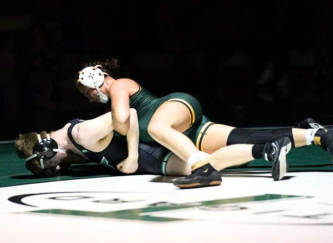 West Linn's Destiny Rodriguez has won six matches against boys this season, all of them by pin. (Photo by Jon Olson)