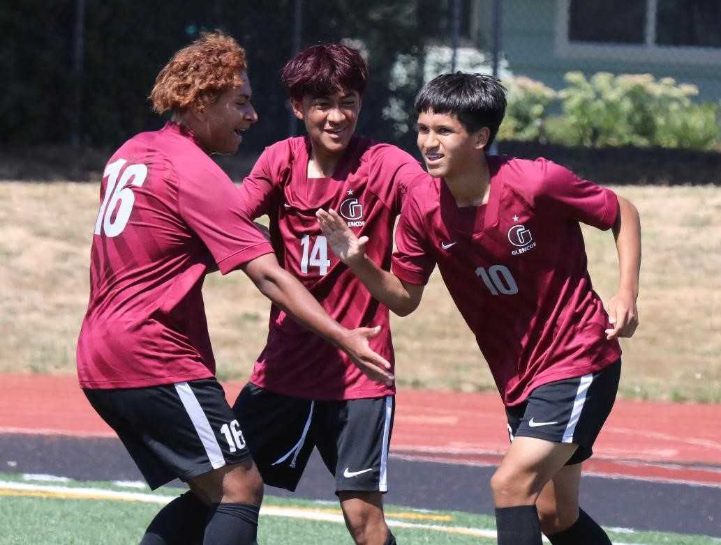 Glencoe's Miguel Lopez (10), with Danny Hernandez (14) and Jonny Bazan (16), has six goals. (Photo by Norm Maves Jr.)