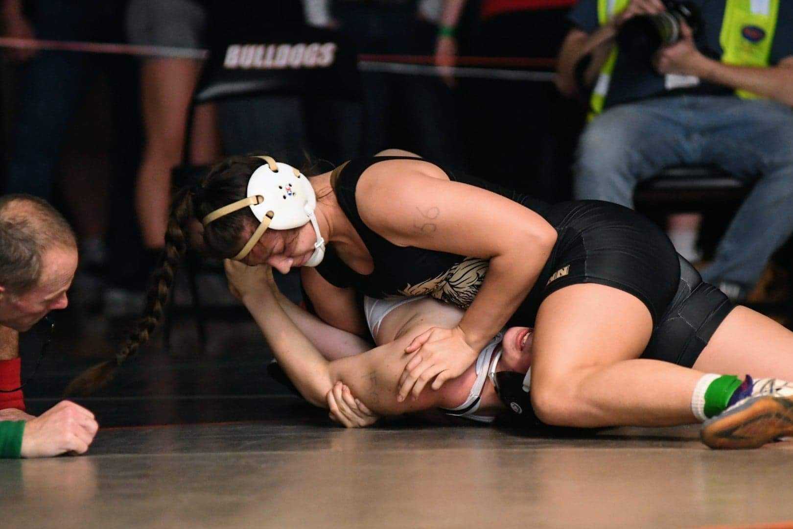 West Linn junior Destiny Rodriguez pinned her way to a third state championship Thursday. (Photo by Jeremy Lanthorn)