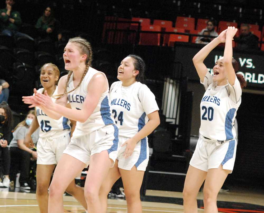 From left, Springfield's Erica Bartlow, Alexi Morgan, Danaeja Romero-Ah Sam and Juju Henderson enjoy the final seconds v. Putnam