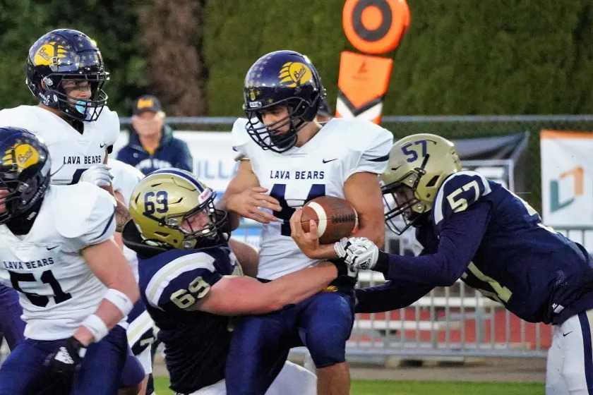 Austin Baker (44) has been a key contributor at running back and linebacker for Bend. (Tyler Francke/The Canby Current)