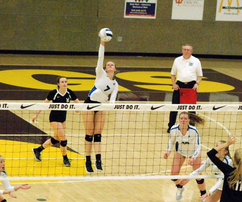 Kayla Robbins takes one of her 92 swings for Valley Catholic. She scored on 42 of them in the Valiants' five-set win