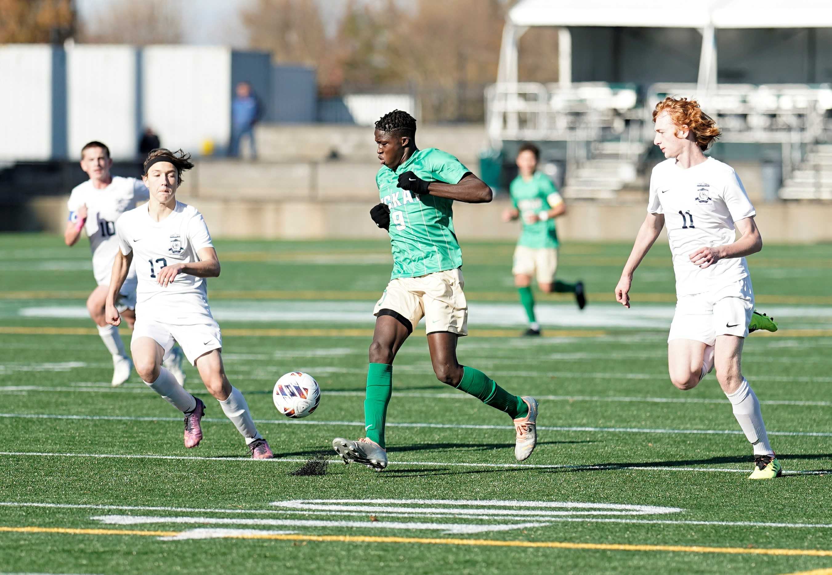 McKay's Abdoulie Jallow (9) had both goals in his team's 2-1 win over West Albany on Saturday. (Photo by Jon Olson)