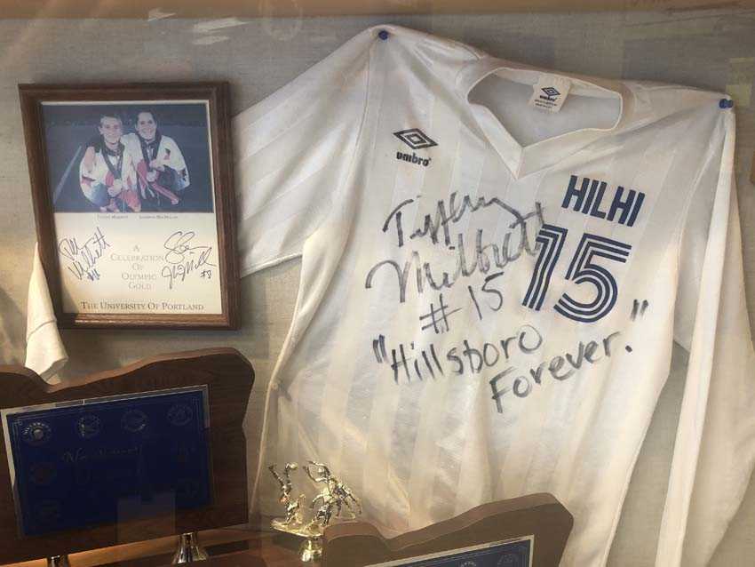 Tiffeny Milbrett's contributions to Hilhi soccer can be seen in the Spartan trophy case