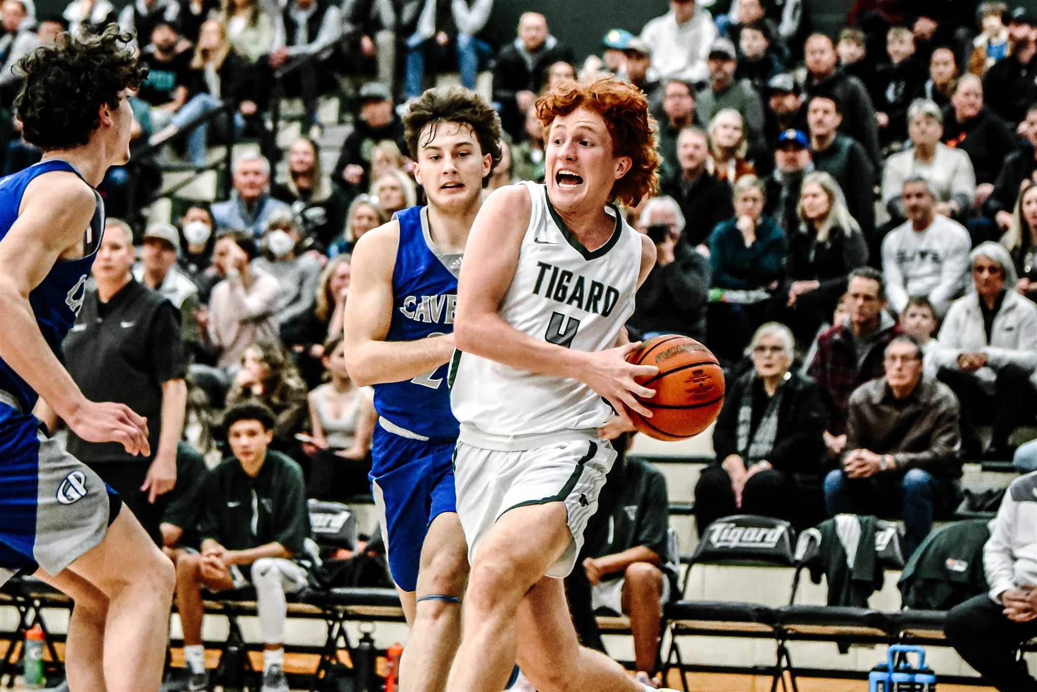 Tigard senior Sawyer Wolf scored 25 of his career-high 35 points in the first half Wednesday. (Photo by Fanta Mithmeuangneua)