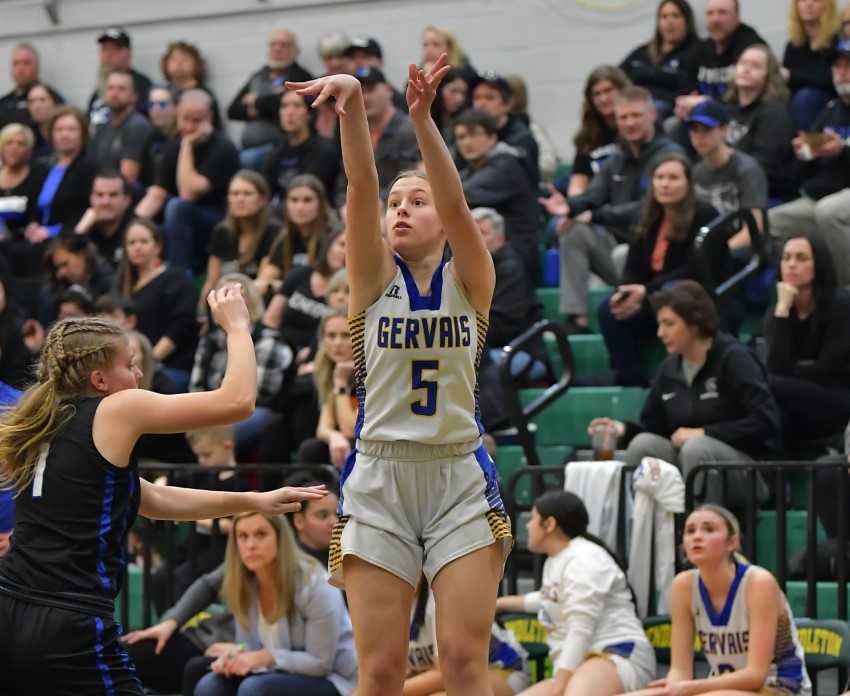 Gervais' Addy McCargar made three three-pointers and scored 10 points in Thursday's quarterfinal win. (Photo by Andre Panse)