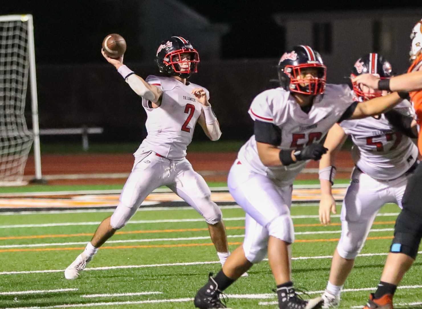 Tillamook's Tanner Hoskins accounted for five touchdowns in his team's 46-29 win at No. 1 Scappoose. (Photo by Holly Werner)