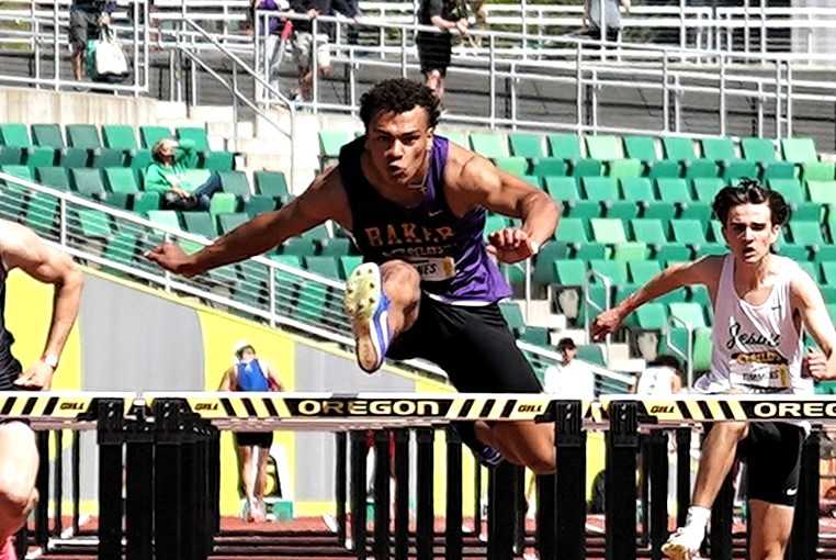Baker's Rasean Jones is No. 13 all-time in Oregon in the 300 hurdles, running 37.65 at the Oregon Relays. (Photo by Jon Olson)