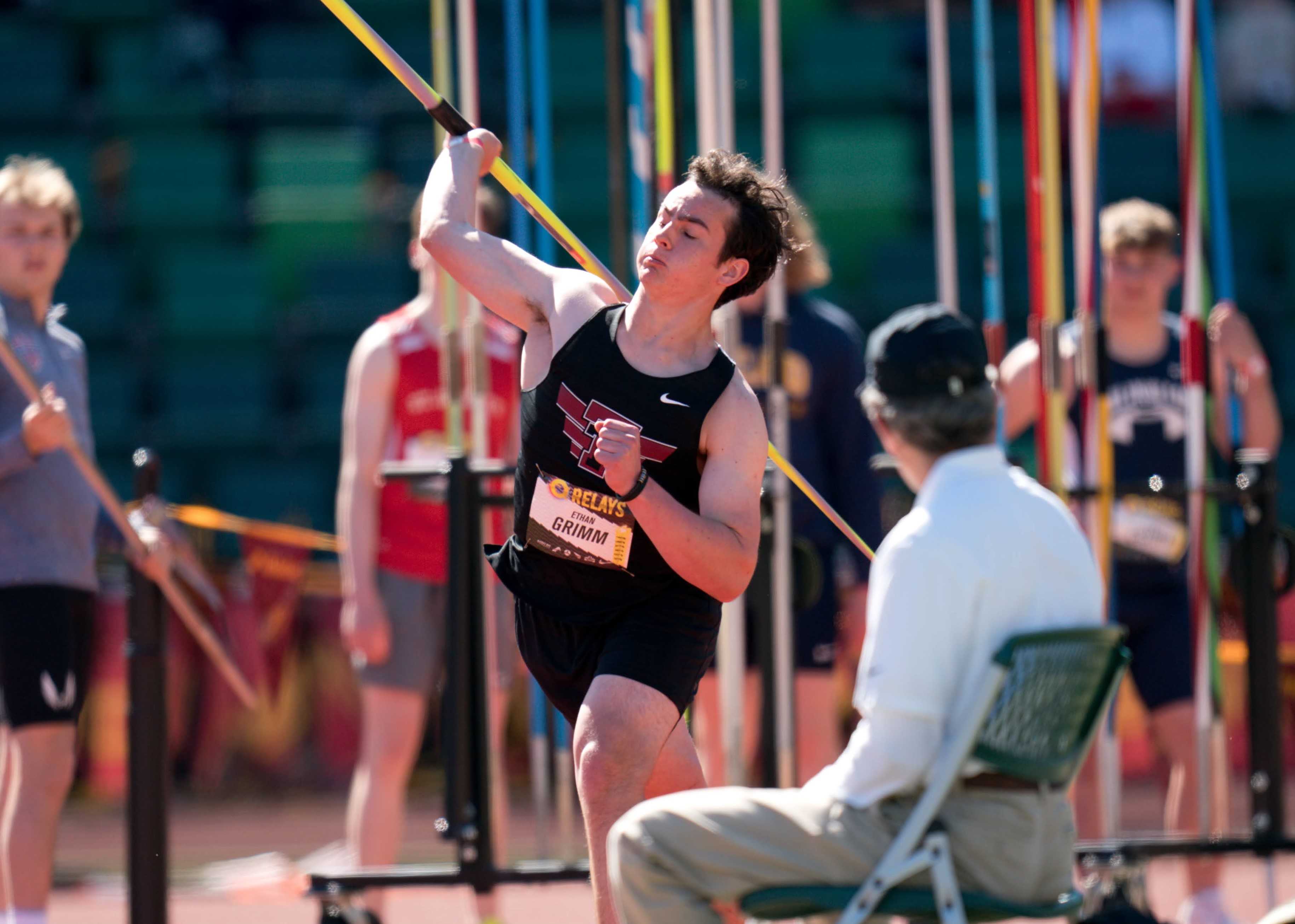 Tualatin senior Ethan Grimm has surpassed 190 feet in six of his nine meets this season. (Photo by Michael Williams)