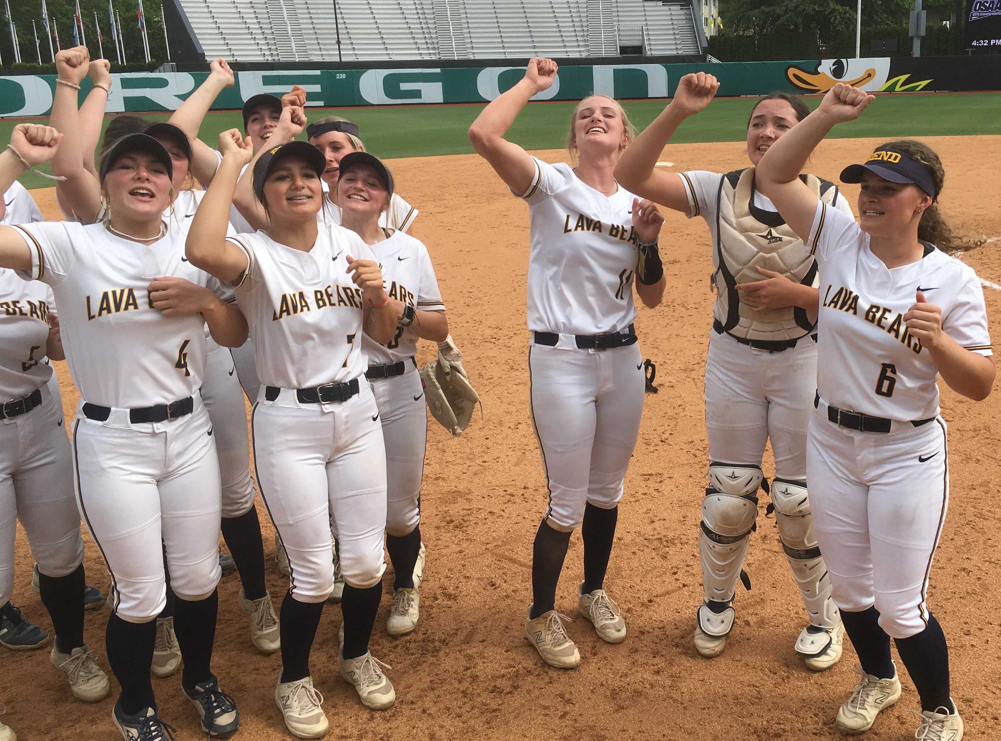 Addisen Fisher (third from right) and the Bend Lava Bears celebrate their first state championship Saturday.