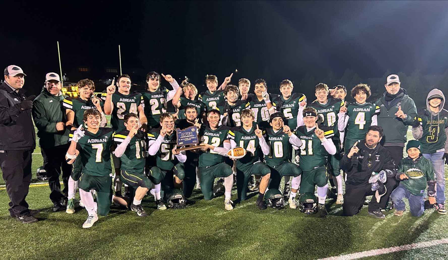 Adrian defeated North Douglas 66-12 to clinch the OSAA 1A 8-man football state championship on Saturday in Bend.