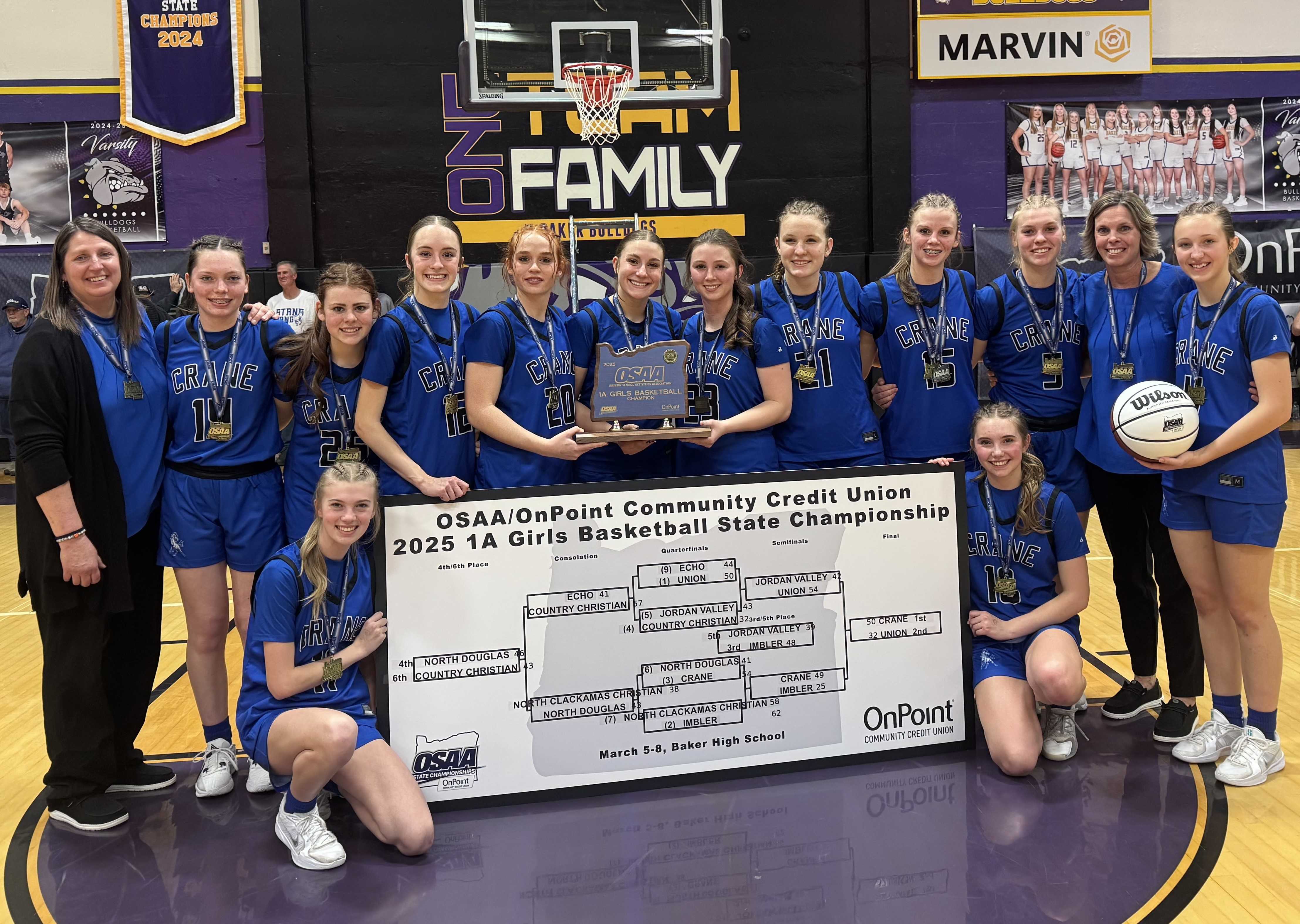 Crane poses with the state championship trophy after defeating Union in the 1A final Saturday night in Baker City.