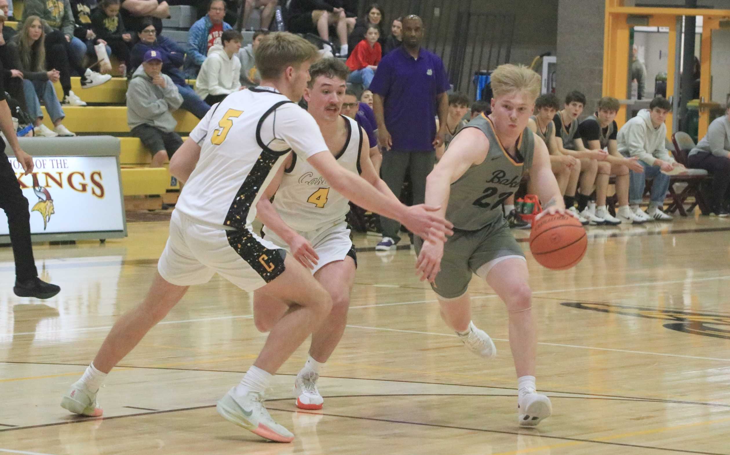 Baker's Jaxon Logsdon (22) scored 20 points in Friday's 66-47 semifinal win over top-seeded Cascade at Forest Grove High School.