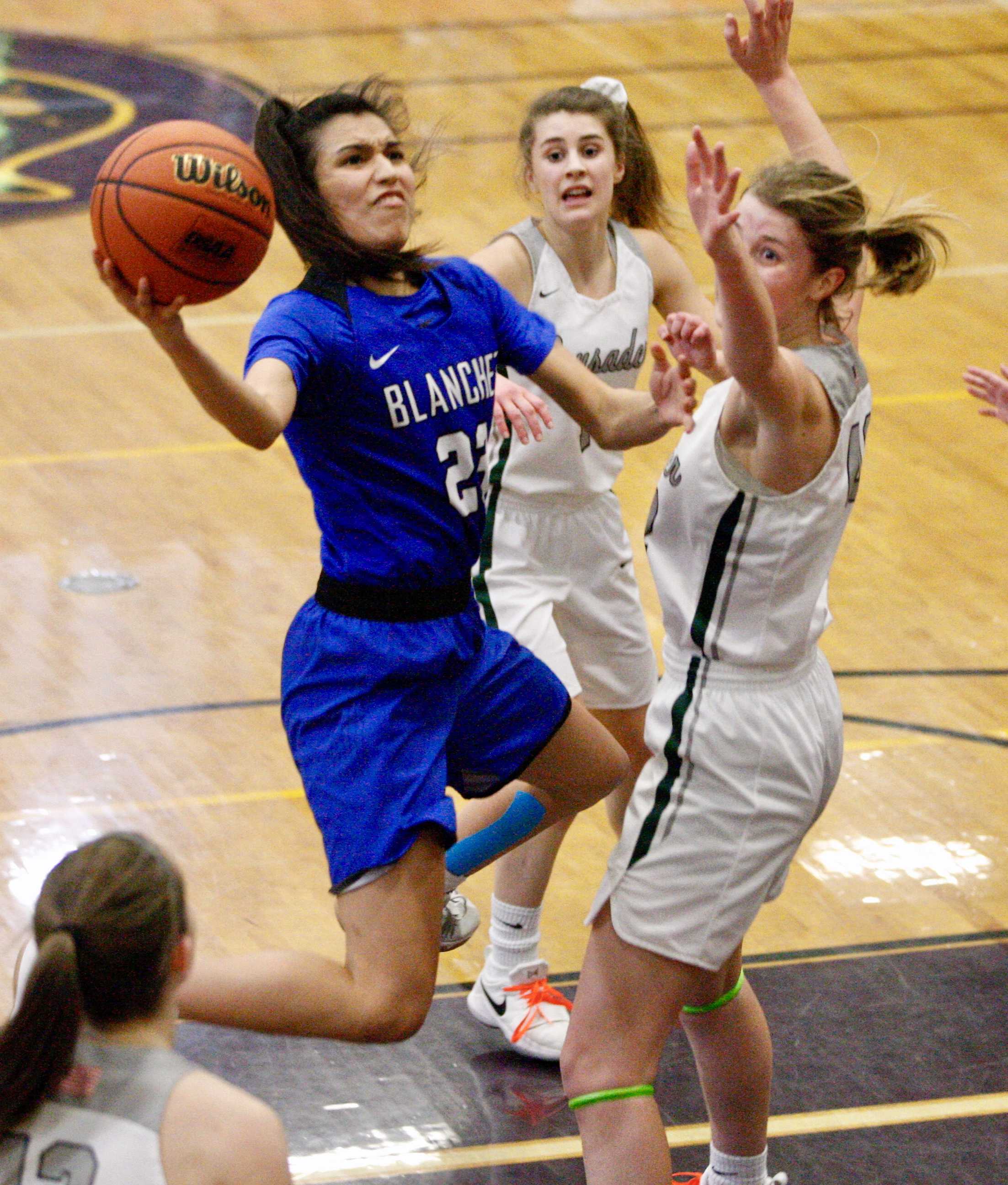 Blanchet Catholic guard Ana Coronado squeezes past Salem Academy's Jamie VanderStoel for two points. (Photo by Norm Maves Jr.)