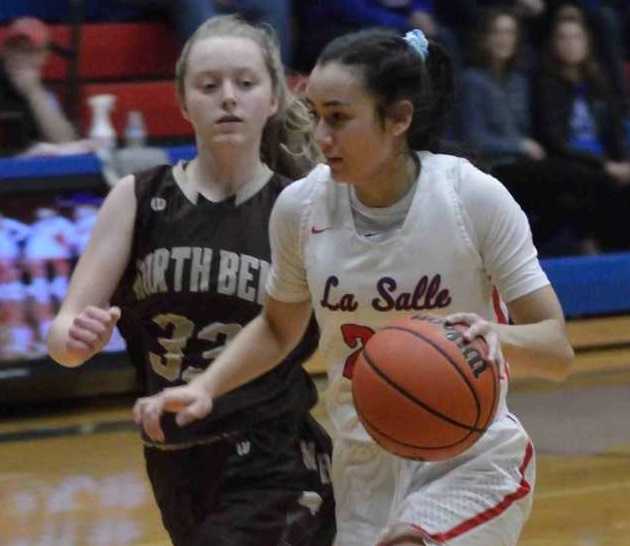 La Salle Prep's Alyson Miura drives against North Bend's Adrianna Frank. (Photo by Derrick Drango)