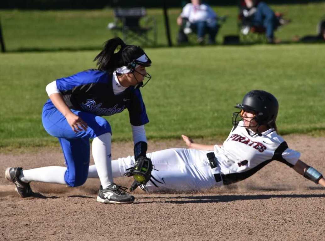 Dayton's Jori Hill slides into third base Tuesday at Blanchet Catholic. (Photo by Jeremy McDonald)